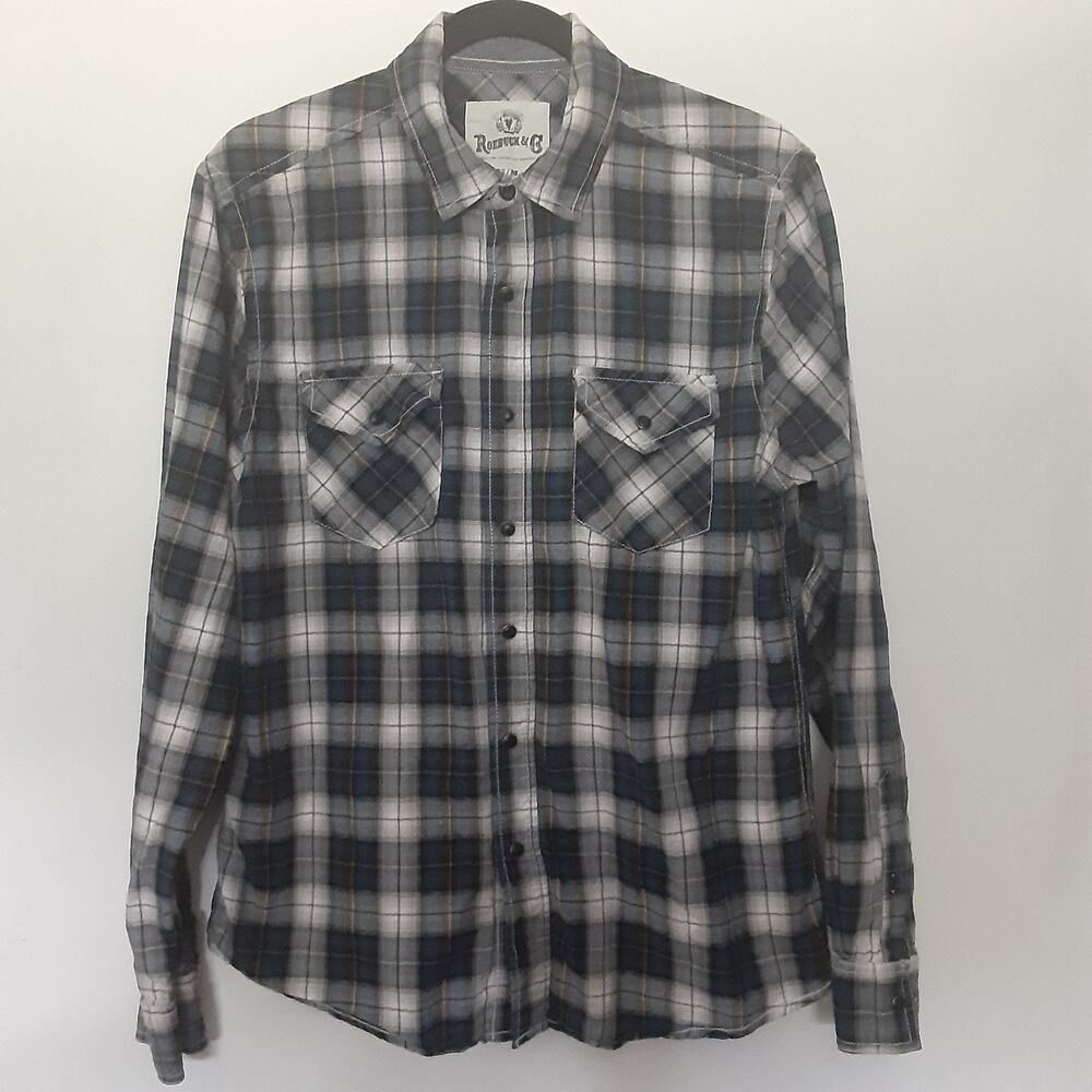 Vintage Roebuck & Co Mens Medium Blue Plaid Button Up Shirt Pearl Snap Western